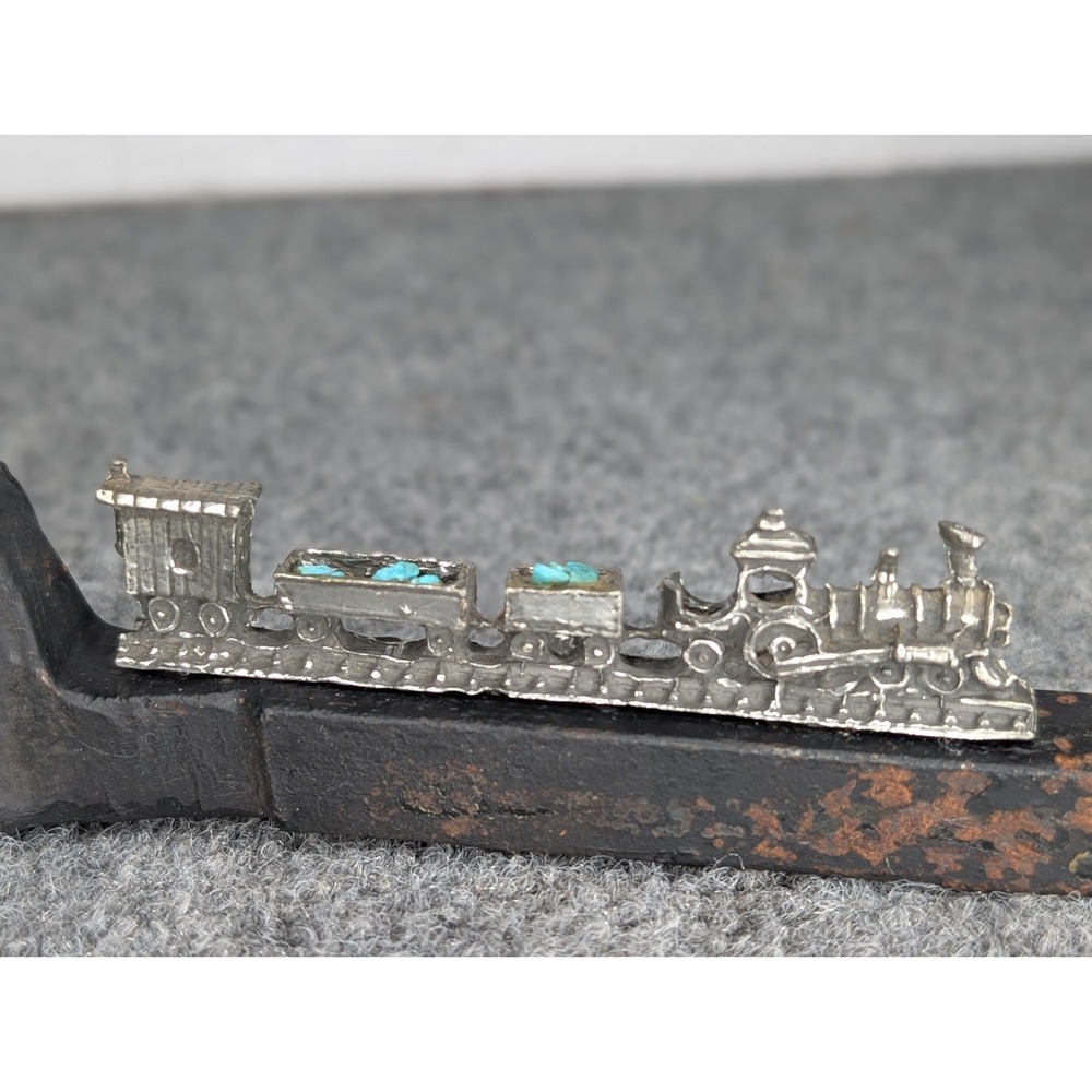 Railroad Spike With Silver Model Train On Top Hauling Topaz 7" Long - Picture 2 of 8
